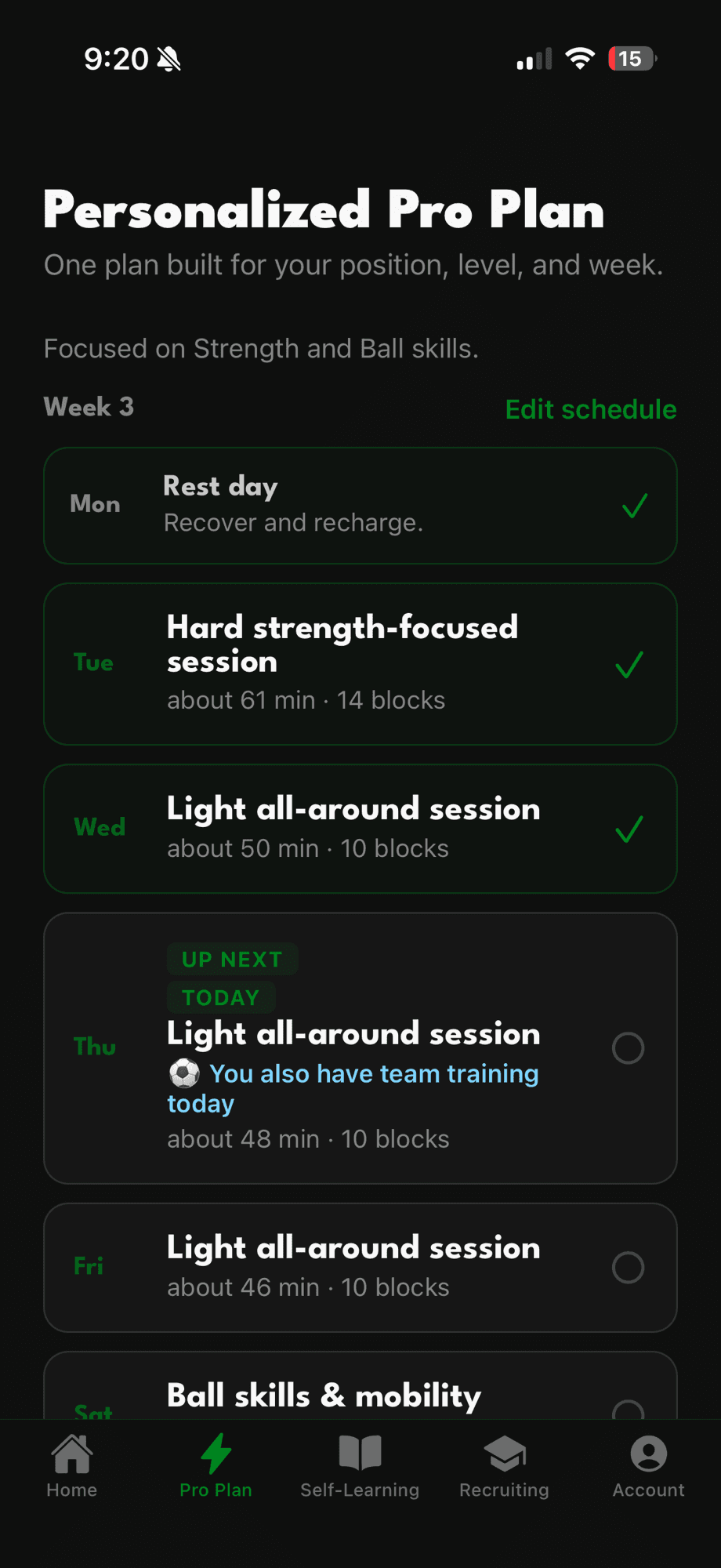 A personalized weekly training plan in the Kickoff app, showing a rest day, a hard strength session, light all-around sessions scheduled around team training, and a ball skills and mobility day