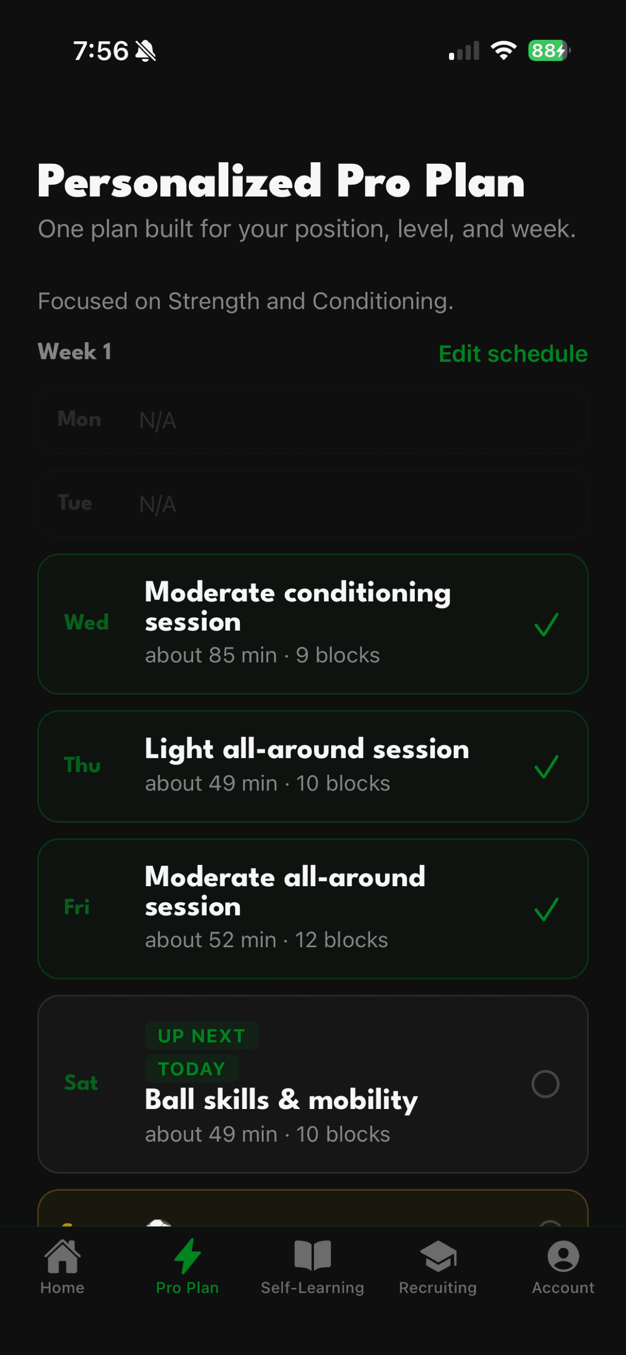 A personalized weekly training plan in the Kickoff app, showing conditioning, all-around, and mobility sessions scheduled around games and team practice